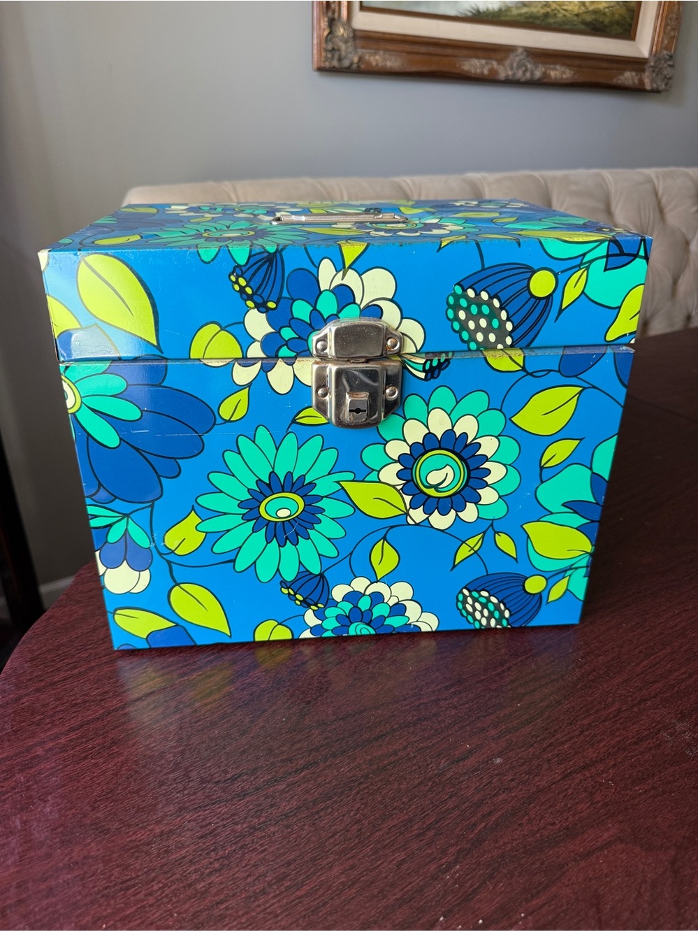 Vintage Retro 70s Ballonoff Metal Tin Mod Flower Power Porta File Box & Key Blue